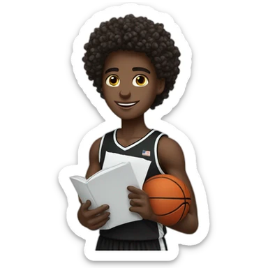 black basketball player holding the notebook wearing black and white jersey curly hair and handband sticker
