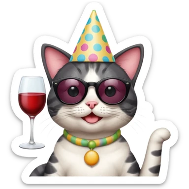 happy cat with a huge polka dot birthday hat, black sunglasses, and a wine glass sticker