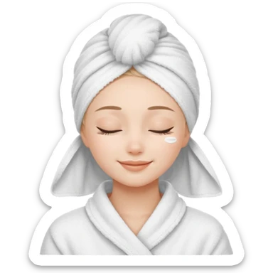 cute girl with her eyes closed and smiling, wearing a white spa towel as her clothes in she has a white spa towel on her head, white face skincare mask sticker