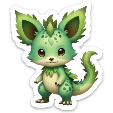 Pastel warm mossy floral elemental fantasy colorful-green-brown-gradient anime-styled edgy cool badass cute random Fakémon-creature, with random markings, full body sticker