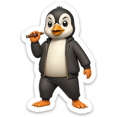 friendly anthropomorphised penguin wearing a mafia-style tracksuit, holding a cigar, secretive scheming pose, angry expression, stomping while walking sticker