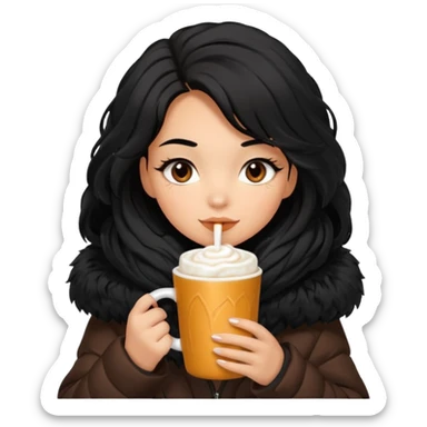 Tanned Girl with lashes , black hair, in an extremely big fluffy oversized jacket, and drinking hot chocolate drink sticker
