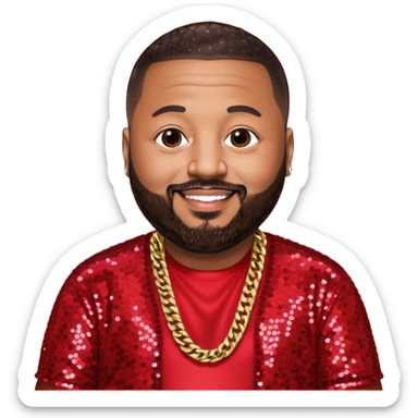 DJ Khaled with dark brown hair, red sequin outfit sticker