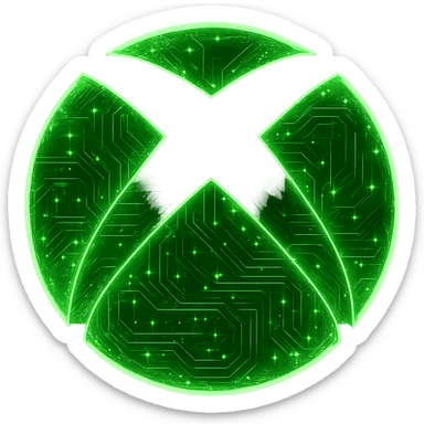 Transform the Xbox logo into a cyberpunk, holographic style with glowing neon green edges and intricate circuit patterns throughout the entire icon. Maintain the recognizable Xbox shape and keep the main color green, overlaying neon and circuit effects in a futuristic, clean cyberpunk style with consistent glow and detailed circuits. The background should be transparent. sticker