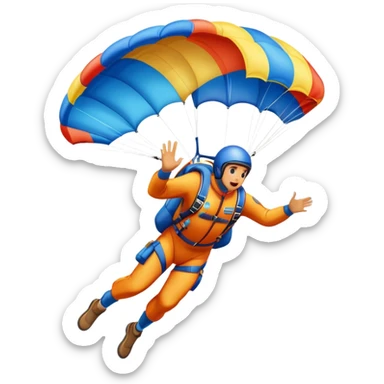 A skydiver free-falling through the clear sky, with a brightly colored parachute just about to open. The scene captures the thrill of the sport, with the vast expanse of the sky and distant ground below, emphasizing the excitement and adrenaline of parachuting sticker