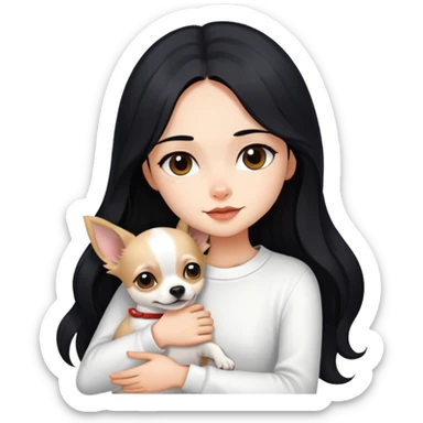 Fair skin girl - long black hair - white clothes - hugging a chihuahua sticker