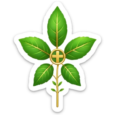 "A clean, friendly emoji of three vibrant green Tulsi (Holy Basil) leaves centered over a small, glowing golden cross or 'plus' sign, symbolizing healing. Simple, flat, 32x32 pixel icon style. Transparent background. Icon for natural healing and wellness." sticker