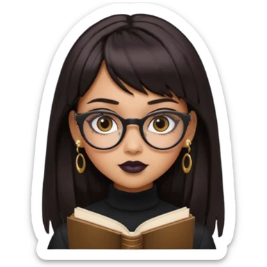 generate a pretty bratz girl with black small square spectacles, dark lipstick, gold stud earrings, black turtleneck , books in hand, dark brown straight long hair with bangs, eyeliner on,  sticker