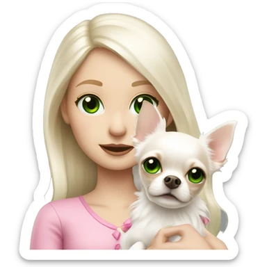 pale blond girl with long platinum white hair with bright green eyes holding a white chihuahua that wearing a pink bow sticker
