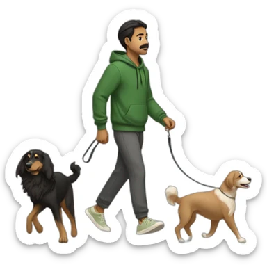 an indian man wearing a green sweatshirt, beige shoes, long hair, no beard, black shorts, walking, side profile, one hand raised slightly below waist level with leash in hand but no dog sticker