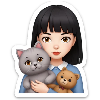  A girl with black eyes, red cheeks, black hair with straight bangs, and white face is holding a British gray cat and a brown teddy bear  sticker