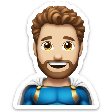 White superman, redish hair, blue eyes, redish brownish, scruffy beard, happy smile sticker