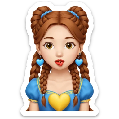 A cute ukrainian girl, looks slightly mongolian with full lips, with long auburn hair two side ponytails plaited, has heart earrings in the ukrainian yellow and blue, and is wearing her little black dress, she is blowing a kiss. sticker