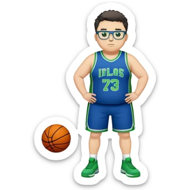 Full Body overweight white male with dark short spike hair basketball player wearing glasses wearing blue green uniform sticker