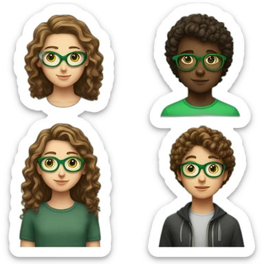 A 12 years Old white girl with curly brown hair brown eyes talking to a brown 12 years old boy with green and Black glasses sticker