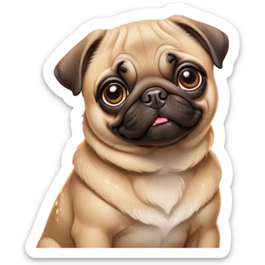 Cinematic Cute Fawn Pug Portrait Emoji, Head tilted playfully and inquisitively, featuring a smooth fawn coat with a subtle sheen, round, sparkling dark eyes filled with curiosity, Simplified yet irresistibly adorable features, highly detailed, glowing with a warm, friendly glow, high shine, affectionate and lively, stylized with a touch of whimsy, bright and endearing, soft glowing outline, capturing the essence of a mischievous yet loving pup, so playful it feels like it could bounce out of the screen and into your arms! sticker
