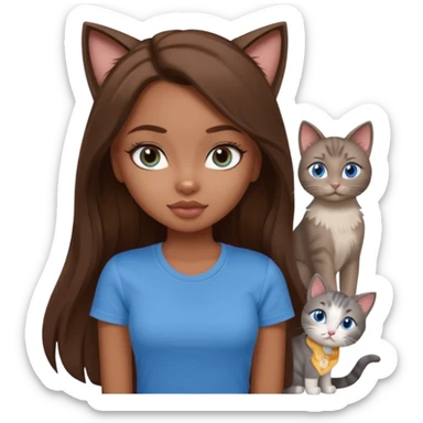 a pretty bratz dusky girl with long brown hair, blue eyes with six cats nd wearing a grey tshirt sticker