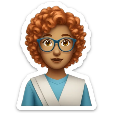 pretty girl with curly copper hair and blue glasses holding a big banner sticker