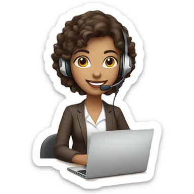 lightly brown call center girl with dark brown medium curly hair smiling and wearing a headset while working on a laptop. head rotated a quarter turn sticker