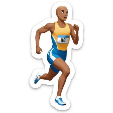 An icon symbolizing professional running: a dynamic sprinting athlete in motion on a track, leaving motion lines behind. The background features a large stadium with cheering crowds, a digital timer, and a clear blue sky. Transparent background emphasizes speed, endurance, and competition. sticker