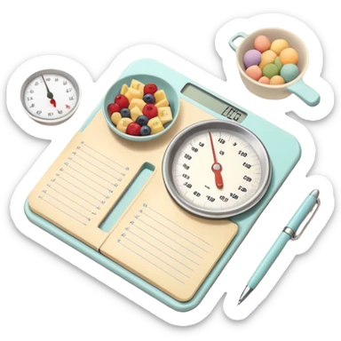 Minimalistic scene of a kitchen scale, notebook, pen, and neatly arranged food portions, soft pastel colors, cozy atmosphere, calm and meticulous mood, top-down view, subtle shadows, digital art sticker