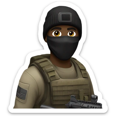 white male, pale skin, call of duty black face mask, camo tactical gear, combat boots, black beanie, hazel eyes, full body sticker