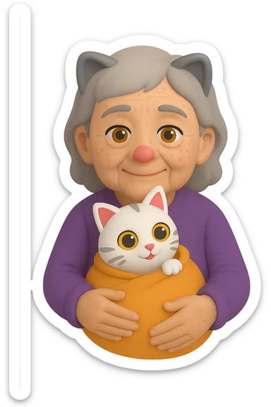 Make the grandmother look older with more wrinkles, gray hair, and age spots in a 3D emoji style. She is holding one cat. The background should be transparent with no background. sticker