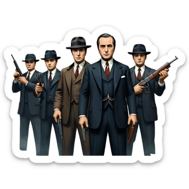 Vintage noir poster with Don Corleone surrounded by gangsters holding Thompson submachine guns. Background features New York skyscrapers, adding to the gritty, classic gangster film feel.  Dark and moody atmosphere with shadows, suits, and a mysterious vibe. Transparent background. sticker