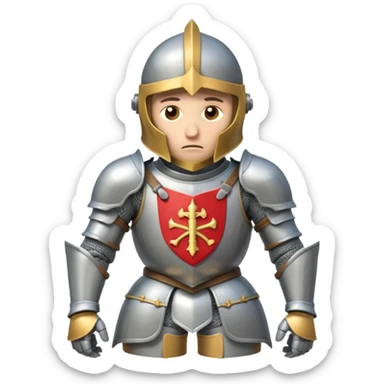 A cartoon knight in full armor with a closed helmet, expressing sadness. The knight's head is lowered, arms hanging down, and legs close together. sticker