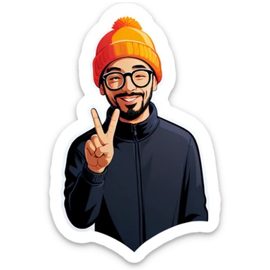 Man with glasses and beanie making peace sign sticker
