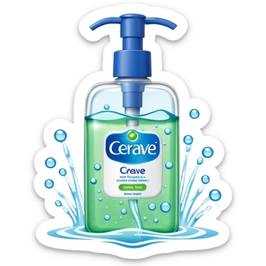`CeraVe-shaped white rectangular pump bottle with soft green label and blue “CeraVe” stripe. Surrounded by floating water bubbles, glowing light particles, and a gentle green mist. Feels like a calm hydration spell in a bottle. Clean, glossy, emoji-style.`
 sticker