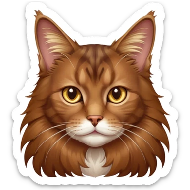 Cinematic Brown Maine Coon Cat Portrait Emoji, Elegant and alert, sleek brown and gold tones with hints of deep auburn, Simplified yet sharp features, highly detailed, glowing with a warm, confident glow, high shine, intelligent and poised with an air of wisdom, stylized with an air of grace, focused and attentive with a calm, old soul expression, soft glowing outline, capturing the essence of experience and majesty, so lifelike it feels as though it could spring into motion at any moment, radiating wisdom and grace. sticker
