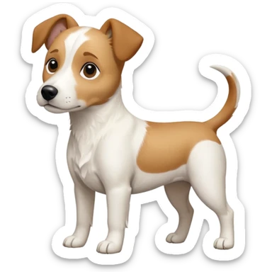 a full body facing front on of a buff white beagle cross jack russell terrier looking dog the size of a kelpie with light brown long ears resting on its face and a light brown patch above one eye and a large snout. the rest of the dog is completely white.  sticker