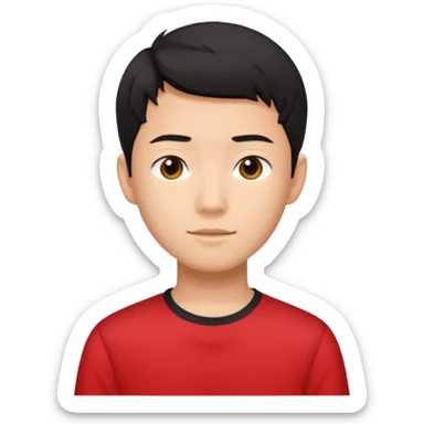 asian male teenager black short hair red shirt sticker