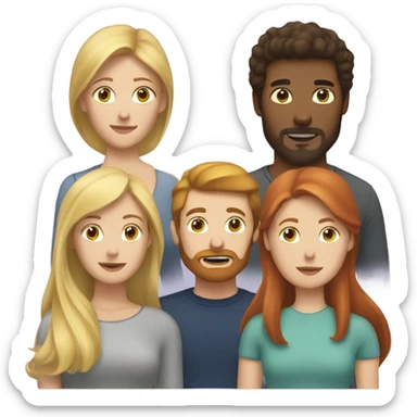 A Blonde woman, a redhead woman and a brown haired man with a short beard sticker