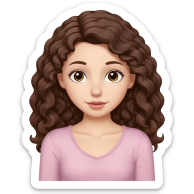 Aesthetic white girl with really long wavy/curly hair color dark brown, hair most be in front of the shoulders (hair in front of the shoulders). Big almond shape eyes color brown, small wide nose, natural lips, sweet expression. Dressed with a cute tight top color light pink. sticker