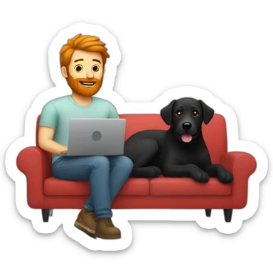 a man with a red beard sits working on a laptop on the sofa with a black Labrador sticker