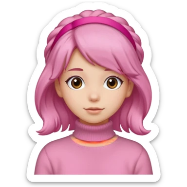 brown fluffy haired girl with pink turtleneck sweater and pink hair band sticker