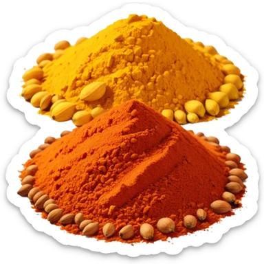 three spice piles turmeric golden yellow paprika deep red cumin warm brown different textures side by side vibrant earthy colors no bowls tools no faces clean 3D soft shadows transparent background emoji scale sticker