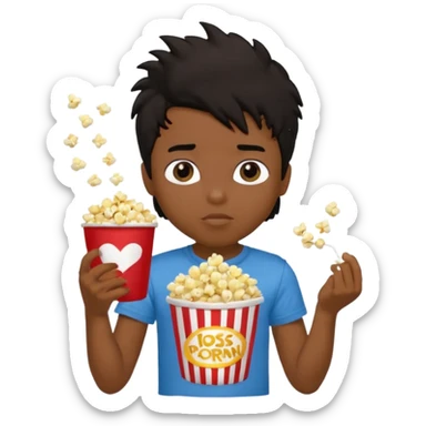 generate a pretty tan bratz boy with a brown tshirt on. eating a popcorn. messy black hair sticker