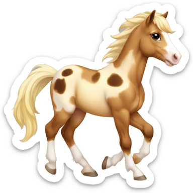 Piebald tricolor palomino yellow brown horse foal with dark brown spots baby running sticker