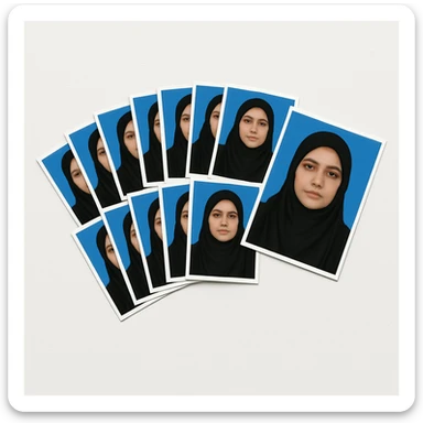Remove all text from the image. Increase the number of passport size photos arranged in a fan-shaped collage. Keep the adult Pakistani woman in modest attire and the blue backgrounds. Place the collage on a clean white background. sticker