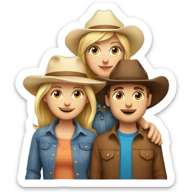Caucasian family of five, all with cowgirl hats on, 2 blonde teenagers, 1 light brown haired mom, 1 little boy with brown hair and a brown hair dad sticker