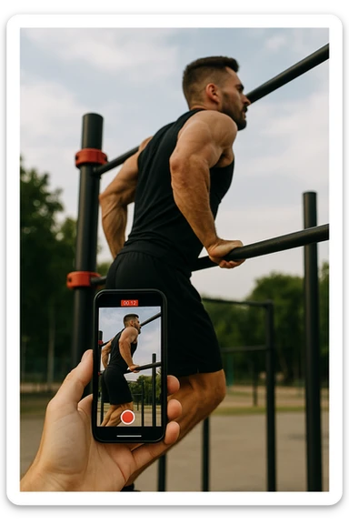 uomo che fa Muscle up e si sta filmando di lato con il telefonino che lo riprende mentre si allena, così da analizzarsi dopo sticker