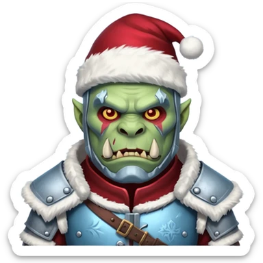 
Fantasy Christmas orc legion soldier icon, iron tundra army theme, heavy winter armor, disciplined brutal look, icy blue steel armor with deep crimson accents, frozen metal texture, cold winter atmosphere, male variant sticker