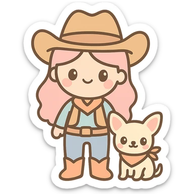 femme cowboy avec son chihuahua, style kawaii, chihuahua avec bandana sticker
