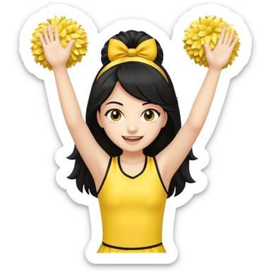 A long black hair teen girl waving pom-poms, eyes sparkling with excitement, yellow cheer leader top sticker