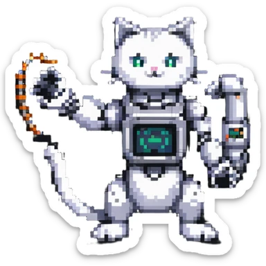 pixel art cat with a robotic arm, retro gaming vibe sticker