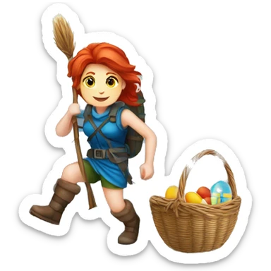 red hair female winter mountaineer climbing with Easter eggsbasket and Greek flag sticker