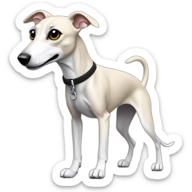 a beige whippet body with one fore-foot up and a leash going out of frame, with a dark snout, black and white mouth patchy and black angel wing like eyes sticker